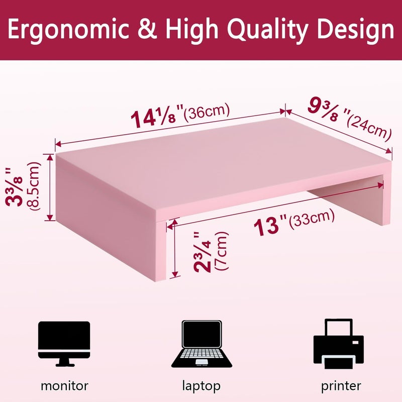 TEAMIX Pink Monitor Stand Riser, Wood Monitor Riser with Storage for Desk Small Monitor Stand TV/Screen/PC/Laptop Riser Computer Stand Desktop Shelf (Pink-14.2 inch) - Image 4